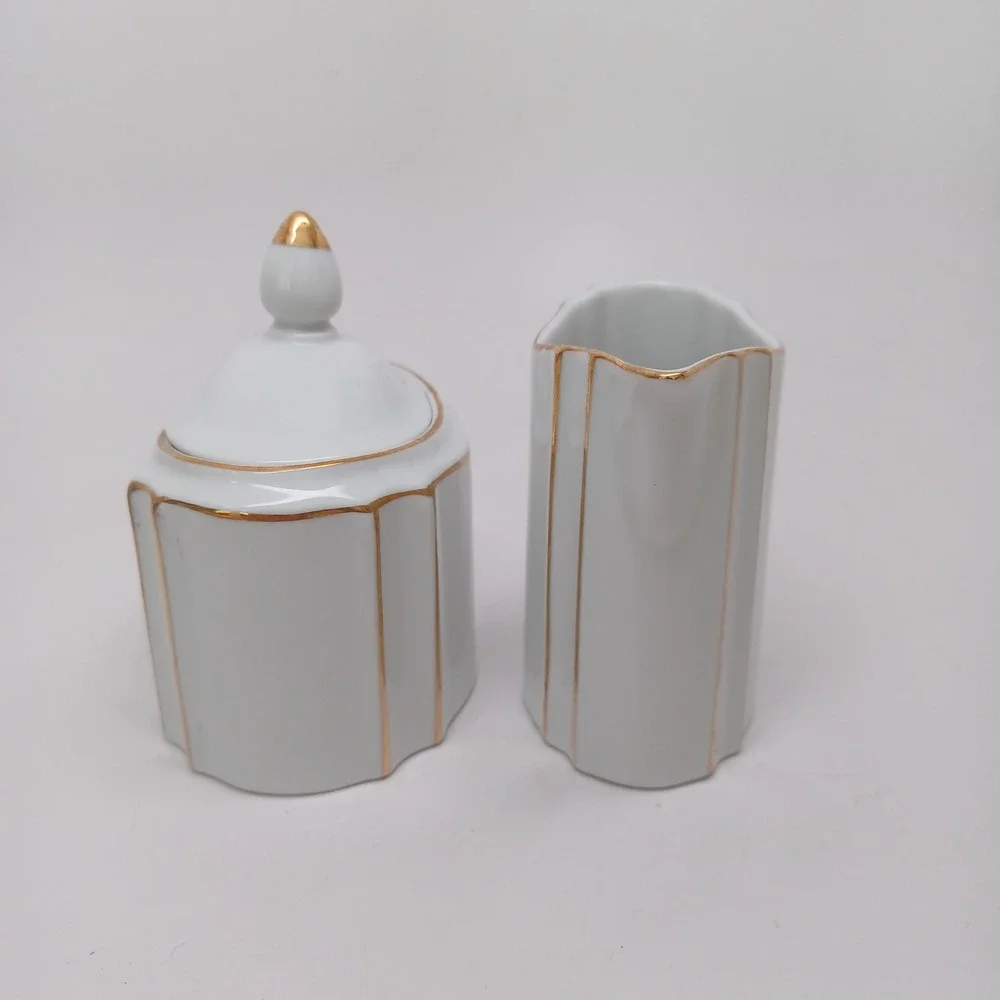 Lord & Taylor Vintage Porcelain Sugar Bowl and Creamer Set Gold Gilt Japan White